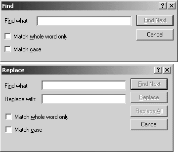 Find and Replace dialog boxes