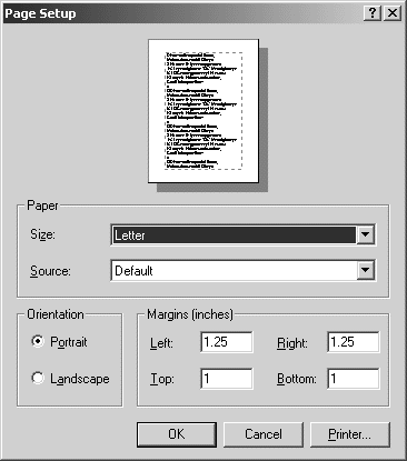 Page setup interface