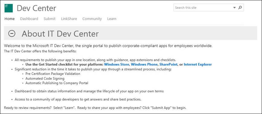 Figure 1. IT Dev Center main menu