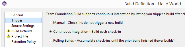 Trigger tab in the build definitoin dialog box with the continuous integration trigger selected