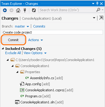 Changes page with Commit button highlighted