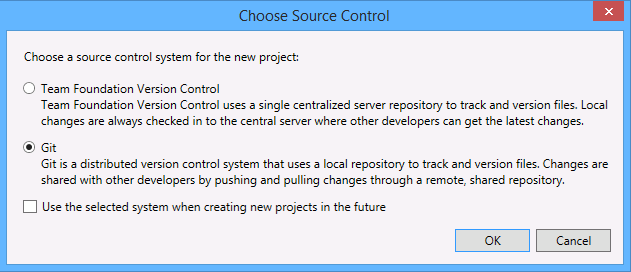 Choose source control dialog