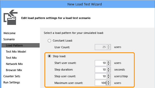 Change the load test step pattern