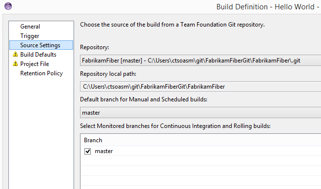 Workspace tab in the build definition dialog box with the source selected from a Team Foundation Git repository