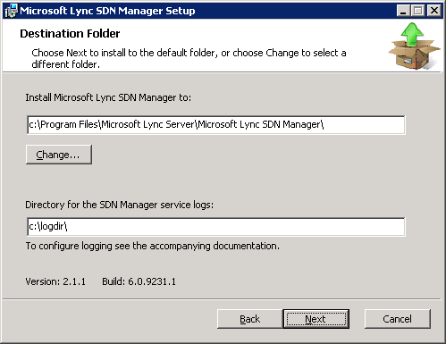 Lync SDN Manager destination folder dialog box