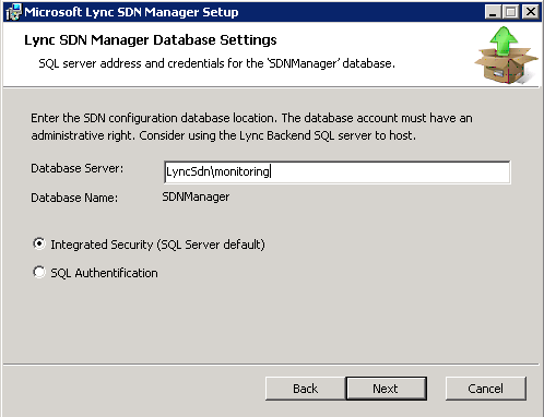 Lync SDN Interface Database Settings
