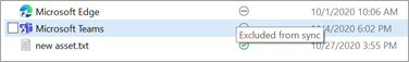File Explorer showing Teams and Edge listings with cleared check boxes and hover text reading Excluded from sync.