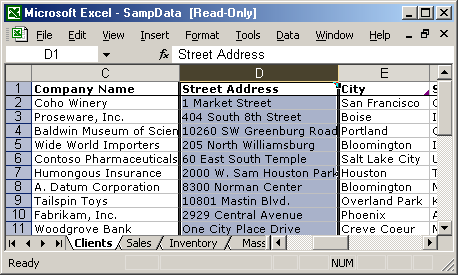 Excel spreadsheet with address information