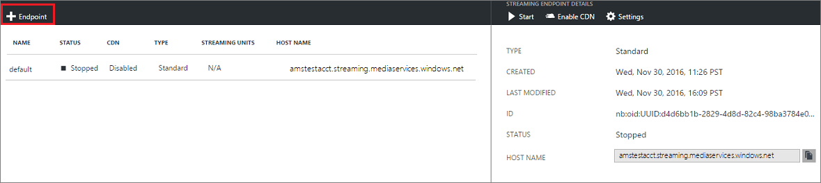 Screenshot that shows the "Endpoint" action selected and the "Streaming Endpoint Details" pane displayed.
