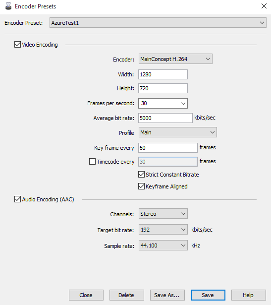 Screenshot shows the Encoder Preset for AzureTest1.