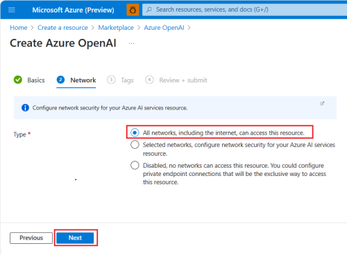 Screenshot shows the Azure OpenAI network details.