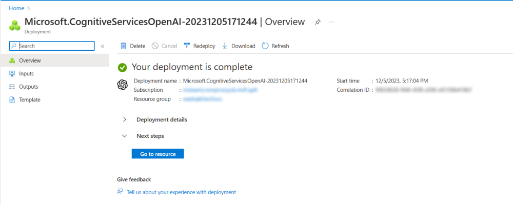 Screenshot shows the deployment of the Azure OpenAI.