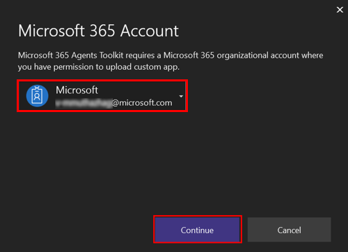 Screenshot shows the Selection of M365-account.