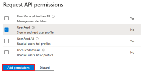 Screenshot shows the option to select permissions.