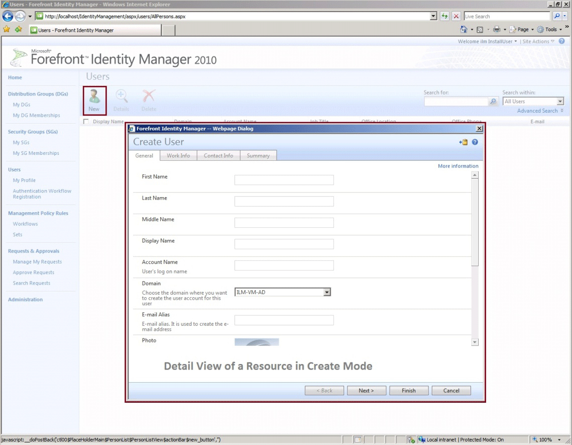 Detail view of a resource in create mode