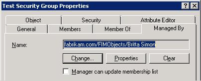 Group Properties dialog box Managed By tab