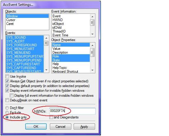 Using the HWND value to filter events in AccEvent