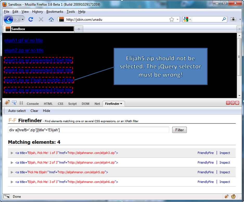 Figure 4: Use FireFinder to debug a faulty jQuery selector