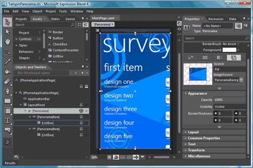 Building a Windows Phone Silverlight application interface in Expression Blend