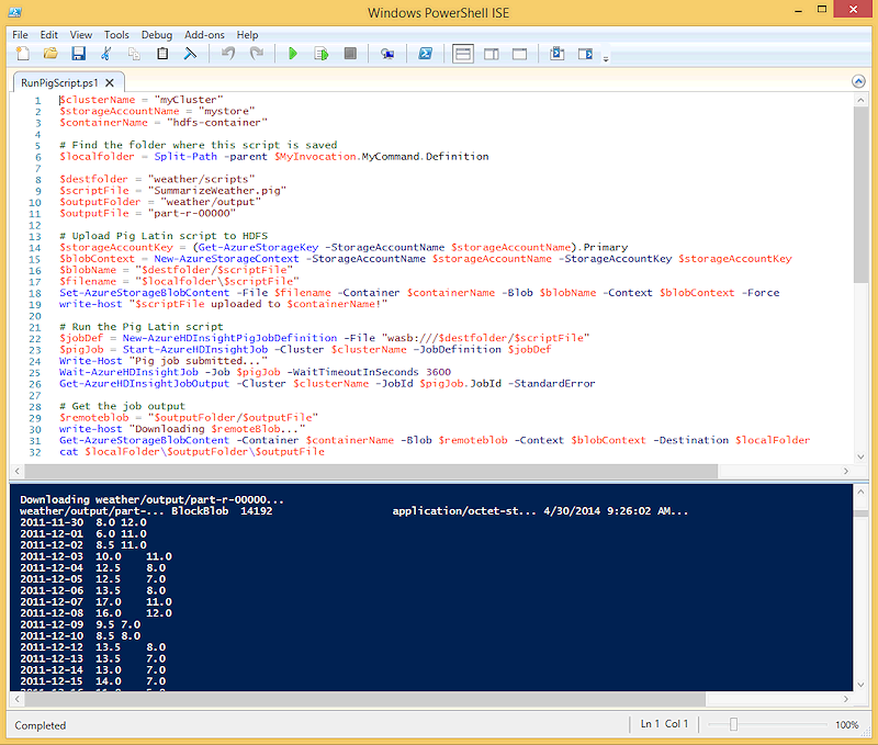 Figure 1 - Using the Get-AzureStorageBlobContent cmdlet in the Windows PowerShell ISE