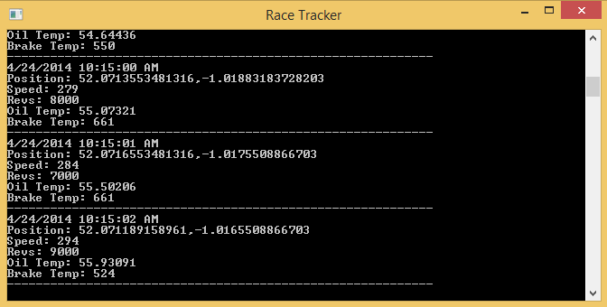 Figure 1 - A console application displaying racecar telemetry