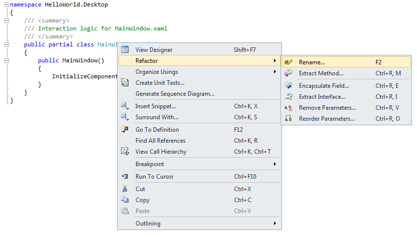 MainWindow renaming using Visual Studio refactoring tools