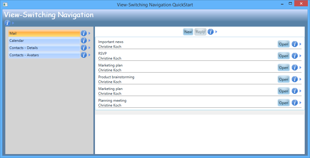 View-Switching Navigation QuickStart user interface