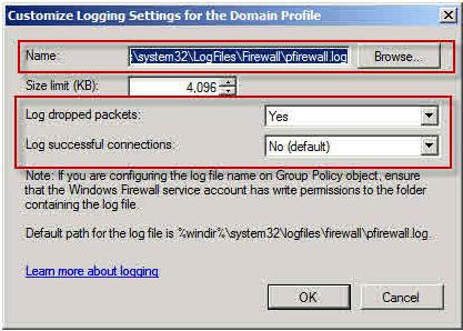 Settings to enable the logging of dropped packets