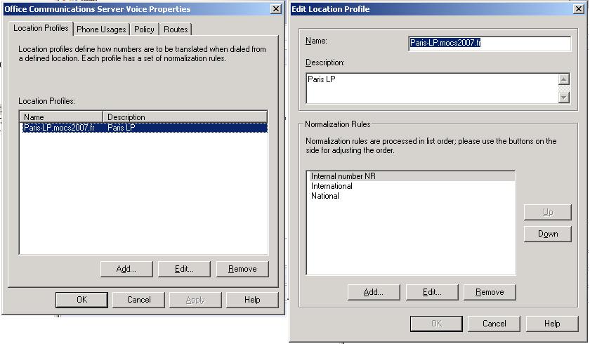 Voice Properties dialog box and Edit Location Prof