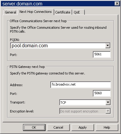 Mediation Server Next Hop Connections tab configur