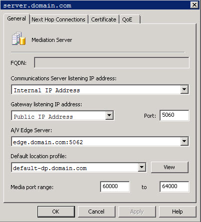 Mediation Server General Tab Configuration