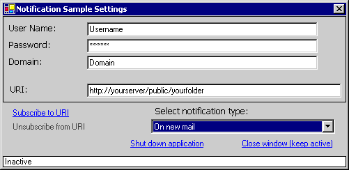 The screen shot shows the Notification Sample Application with the On new mail notification selected.