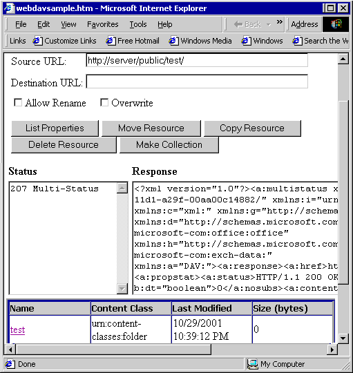 The screen shot of the sample application shows the status and response text for a query on a resource in the Exchange store.