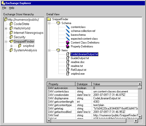 The screen shot of the Exchange Explorer shows an expanded public folder hierarchy and a list of property values for an item in a public folder.