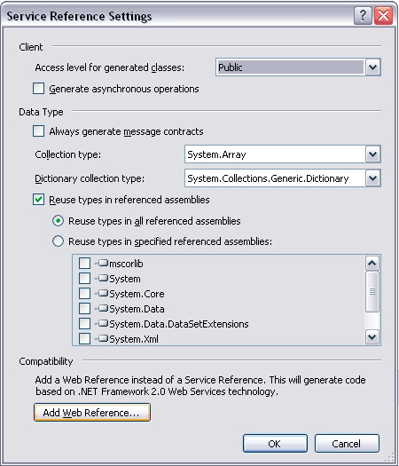 Service Reference Settings window in VS 2008