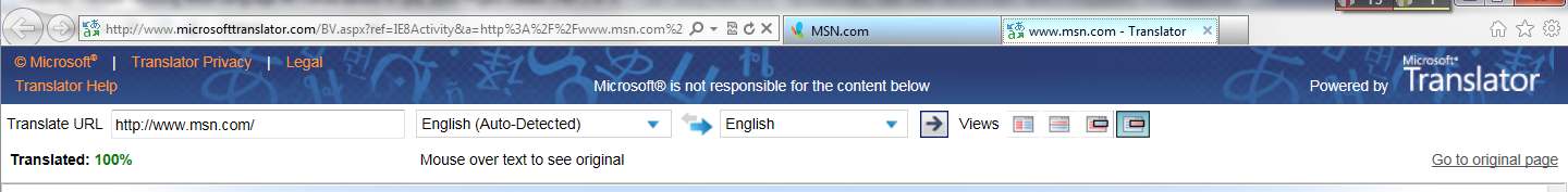 Bing translator Internet Explorer ribbon.