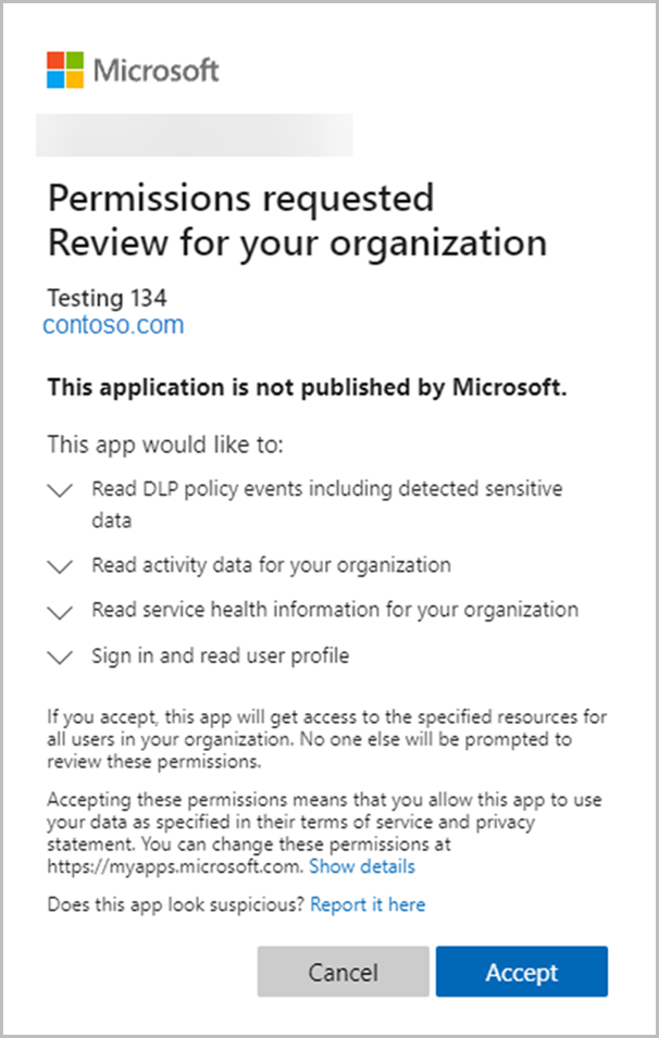 Office 365 Reporting web service review permissions requested for your organization