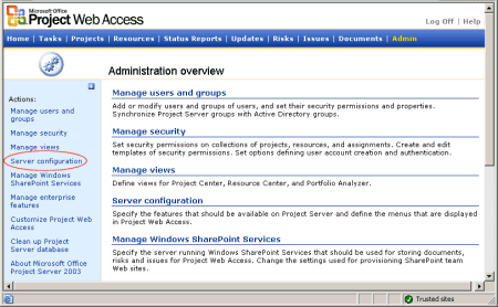 Administration Overview page in Project Web Access