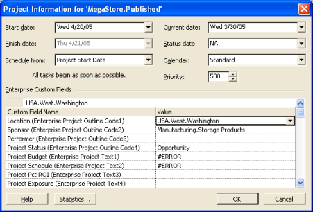  Image showing enterprise project outline codes set by Project Initiation 
