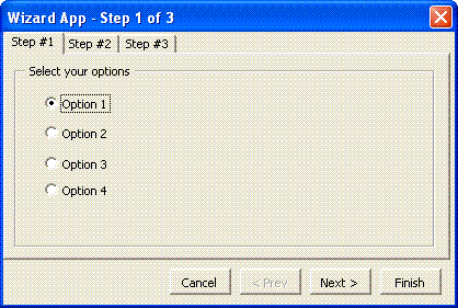 Step 1 of the wizard allows the user to select from multiple options using the OptionButton controls