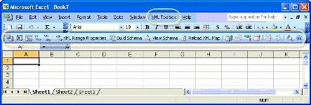 The top circle shows how the Excel XML Toolbox integrates into the Excel menu bar; the bottom circle shows the XML Toolbox toolbar