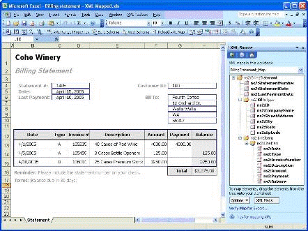 The XML Source task pane shows the XML schema structure mapped into the Billing Statement workbook