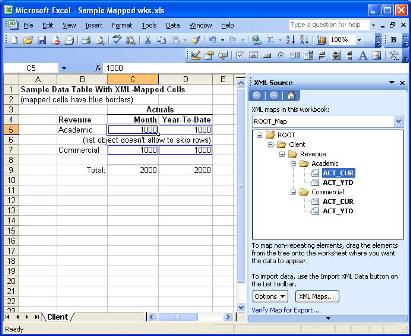 Mapping the spreadsheet cells by using the XML Source window (Click to see larger image)