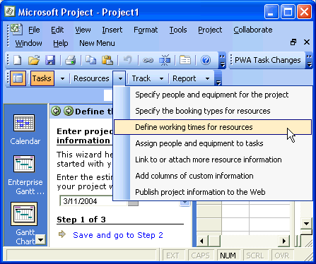 Drop-down Project Guide menu of tasks for the Resources goal area in Project 2003