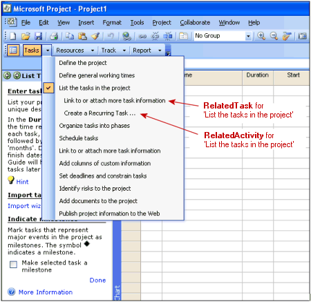 RelatedTask and RelatedActivity for ‘List the tasks in the project'