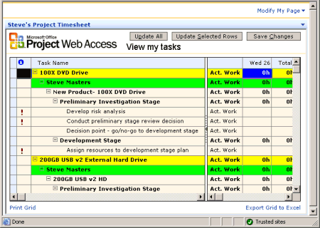 Example Web Parts page, with the Project Timesheet Web Part