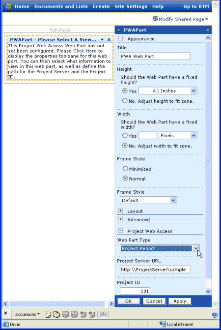 PWA Web Part with the PWAPart properties pane for setting the view and Project Server URL