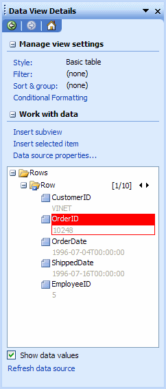 Locating the OrderID column in the Data View Details task pane