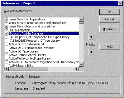 The Microsoft Add-In Designer in the Project/References dialog box