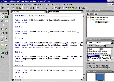 The Visual Basic 6.0 code window with the five event procedures for the IDTExtensibility2 interface (click to see larger image)